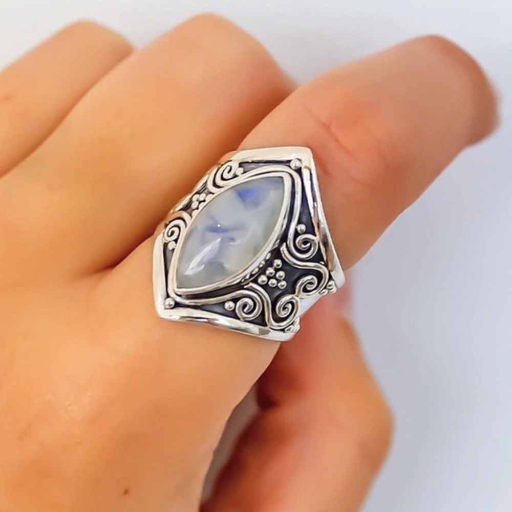 New Silver Color Big Opal Stone Ring Bohemian - Picture 3 of 6